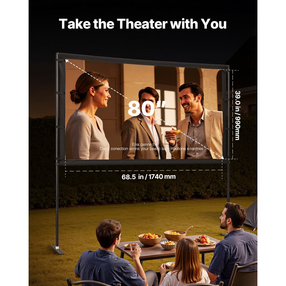VEVOR Projector Screen with Stand, 80 Inch 160° Wide Angle Indoor Outdoor Projection Screen, 16:9 4K HD Wrinkleless Portable Dual-Stand Screens with Carry Bag, for Movie Home Theater Presentation