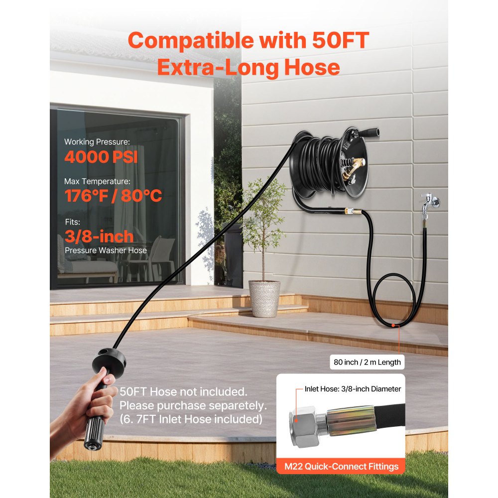 VEVOR Pressure Washer Hose Reel, 50 ft x 3/8 inch Heavy-Duty Steel Bracket-Mounted Pressure Hose Reel, Wall/Floor/Truck Mount, 4000PSI Max, Manual Power Hand Crank for Car/Floor Washing,Garden