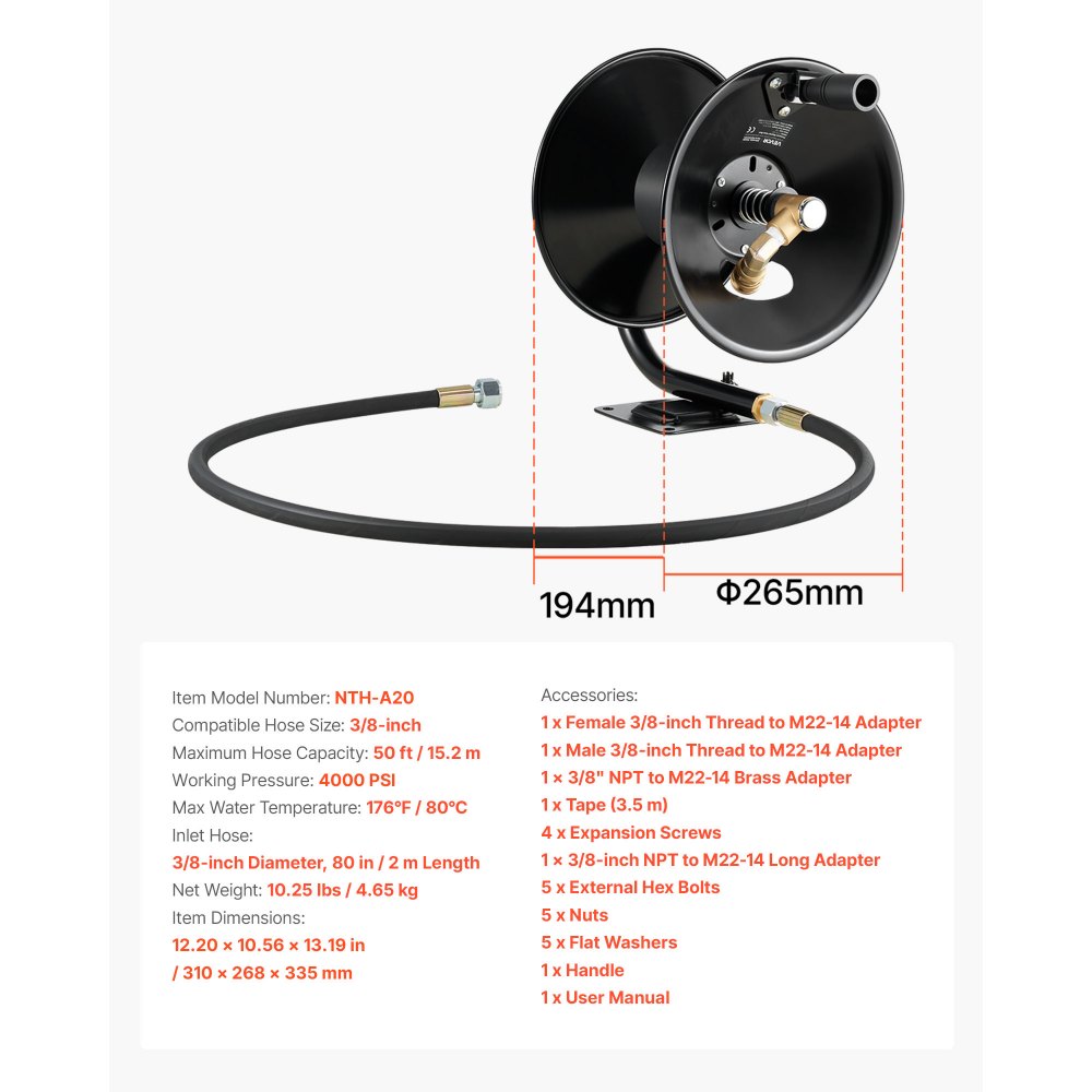 VEVOR Pressure Washer Hose Reel, 50 ft x 3/8 inch Heavy-Duty Steel Bracket-Mounted Pressure Hose Reel, Wall/Floor/Truck Mount, 4000PSI Max, Manual Power Hand Crank for Car/Floor Washing,Garden