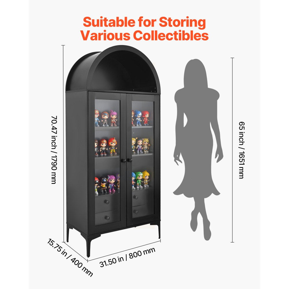 VEVOR arched display cabinet - dimensions and use for storing collectibles