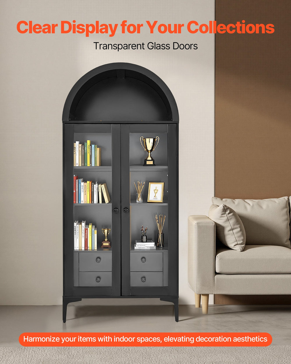 VEVOR arched display cabinet - clear display with transparent glass doors