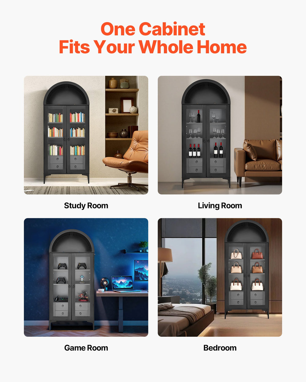VEVOR arched display cabinet - one cabinet fits your whole home (study room, living room, game room, bedroom)