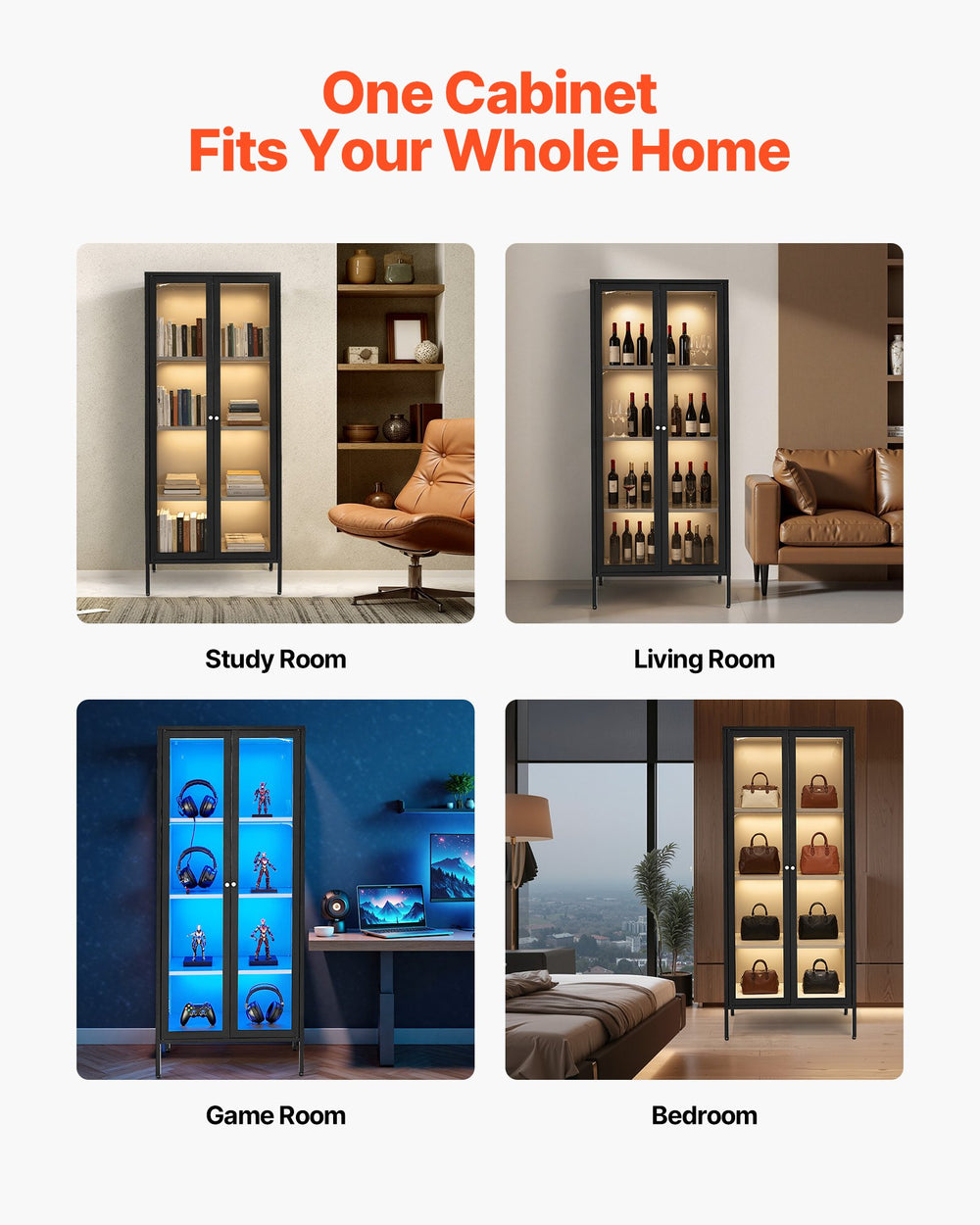 One cabinet fits your whole home: study room, living room, game room, bedroom (lifestyle collage)