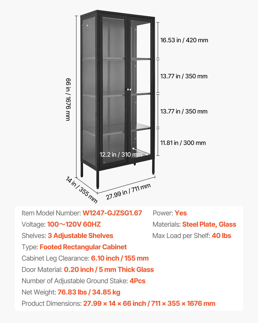 Detailed size diagram and product specifications (infographic)