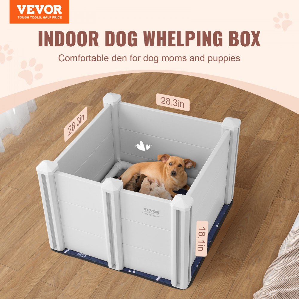 VEVOR Dog Whelping Box, 28.3 x 28.3 x 18.1in Whelping Box for Dogs and Puppies, Whelping Pen for Puppies, Dog Birthing Box with Rails and Washable Pee Pad, Whelping Box for Small Breed Dogs, White