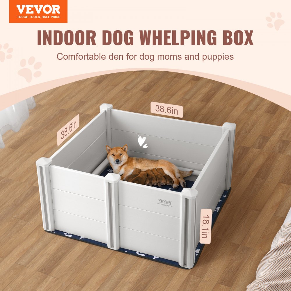 VEVOR Dog Whelping Box, 38.6 x 38.6 x 18.1in Whelping Box for Dogs and Puppies, Whelping Pen for Puppies, Dog Birthing Box with Rails and Washable Pee Pad, Whelping Box for Medium Breed Dogs, White