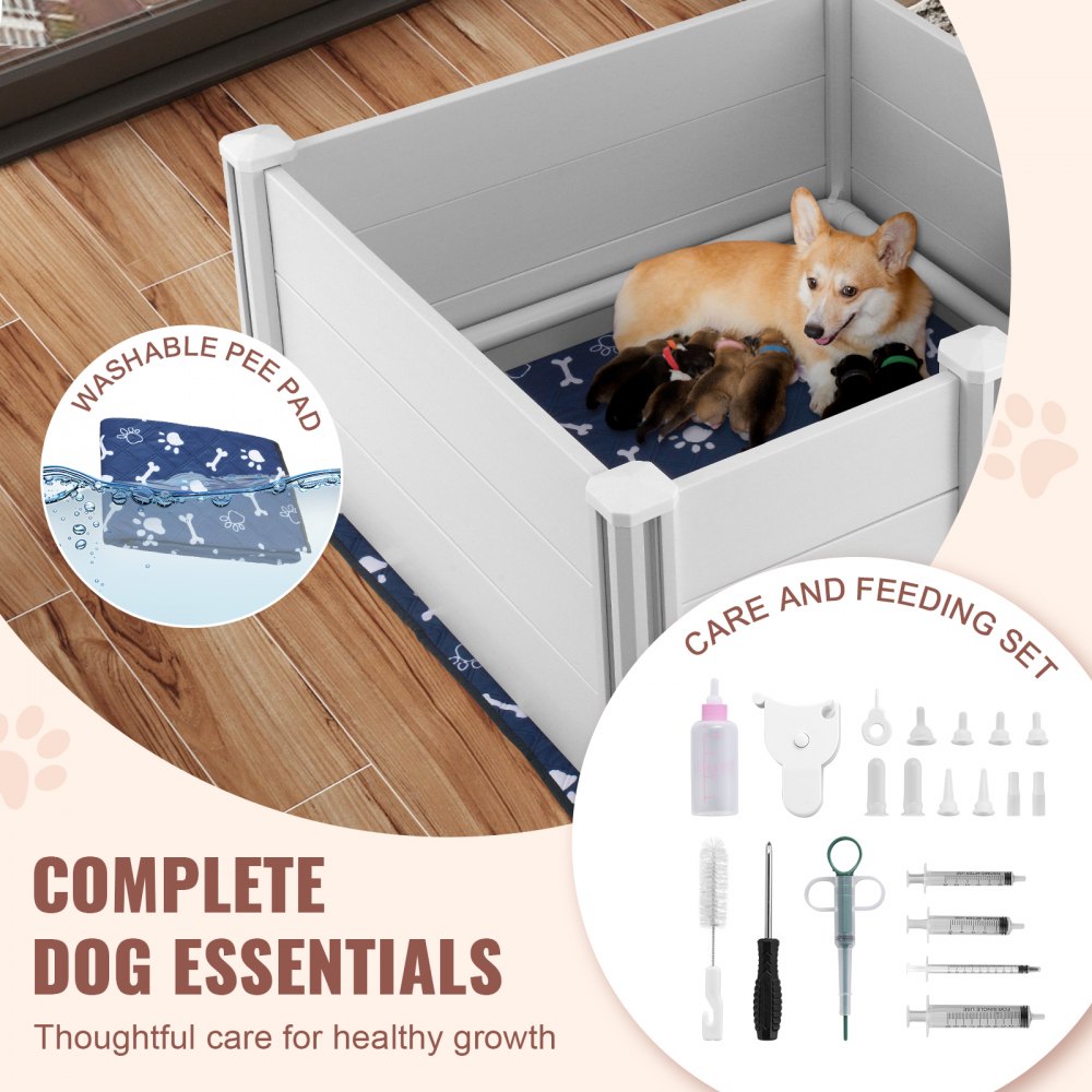 VEVOR Dog Whelping Box, 38.6 x 38.6 x 18.1in Whelping Box for Dogs and Puppies, Whelping Pen for Puppies, Dog Birthing Box with Rails and Washable Pee Pad, Whelping Box for Medium Breed Dogs, White