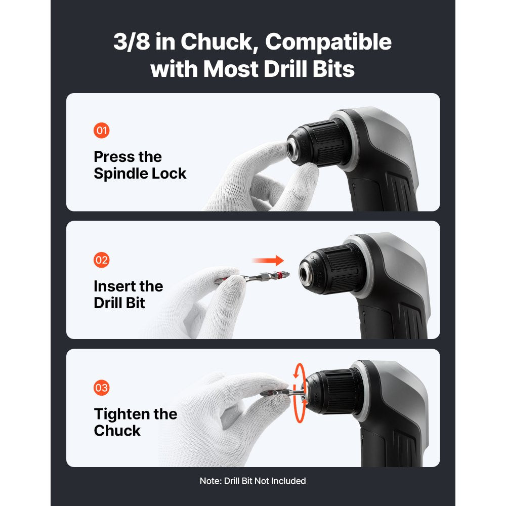 VEVOR Right Angle Drill 3/8 Inch Chuck 90 Degree Cordless Right Angle Drill, For Cabinets, Corners, Frames, Tight Spaces, Handles Both Wood and Metal Drilling, LED Lighting, with 2 Batteries and Charger