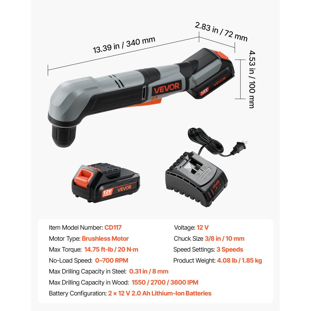 VEVOR Right Angle Drill 3/8 Inch Chuck 90 Degree Cordless Right Angle Drill, For Cabinets, Corners, Frames, Tight Spaces, Handles Both Wood and Metal Drilling, LED Lighting, with 2 Batteries and Charger