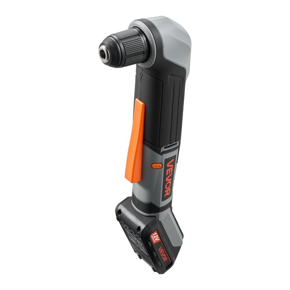VEVOR Right Angle Drill 3/8 Inch Chuck 90 Degree Cordless Right Angle Drill, For Cabinets, Corners, Frames, Tight Spaces, Handles Both Wood and Metal Drilling, LED Lighting, with 2 Batteries and Charger