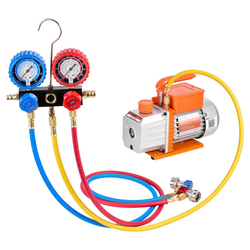 VEVOR AC Vacuum Pump and Gauge Set, 4.5 CFM 1/3 HP, Single Stage Rotary Vane HVAC Vacuum Pump, A/C Manifold Gauge Kit, for R134a R22 R410a R1234YF R32, with Carry Bag, for Auto HVAC Air Conditioning