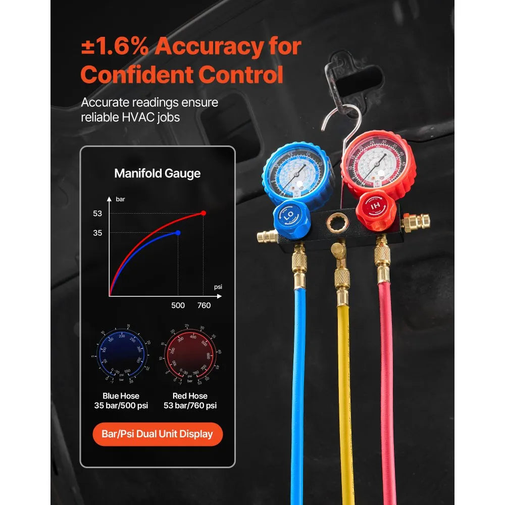 VEVOR AC Vacuum Pump and Gauge Set, 7 CFM 3/4 HP, Two Stage Rotary Vane HVAC Vacuum Pump, A/C Manifold Gauge Kit, for R134a R22 R410a, with Leak Detector Carry Bag Hose, for Auto HVAC Air Conditioning