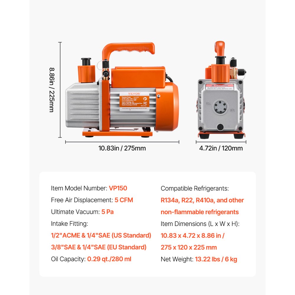 VEVOR Vacuum Pump, 5 CFM, HVAC Single Stage Rotary Vane Vacuum Pump, for R134a R22 R410a Systems, Auto AC Vacuum Pump Kit with Oil Bottle, for Automotive Air Conditioner Maintenance Resin Degassing