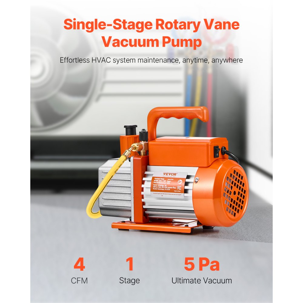 VEVOR Vacuum Pump, 4 CFM, HVAC Single Stage Rotary Vane Vacuum Pump, for R134a R22 R410a Systems, Auto AC Vacuum Pump Kit with Oil Bottle, for Automotive Air Conditioner Maintenance Resin Degassing