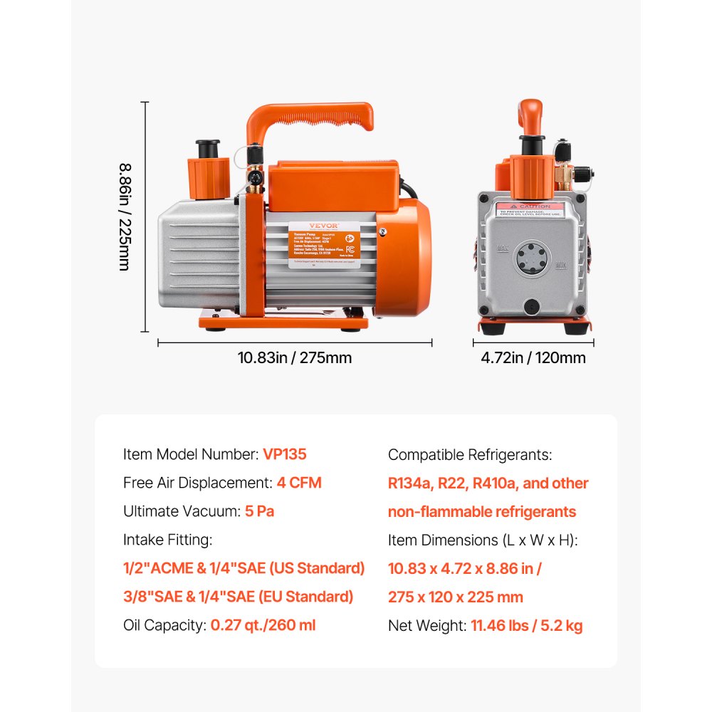 VEVOR Vacuum Pump, 4 CFM, HVAC Single Stage Rotary Vane Vacuum Pump, for R134a R22 R410a Systems, Auto AC Vacuum Pump Kit with Oil Bottle, for Automotive Air Conditioner Maintenance Resin Degassing