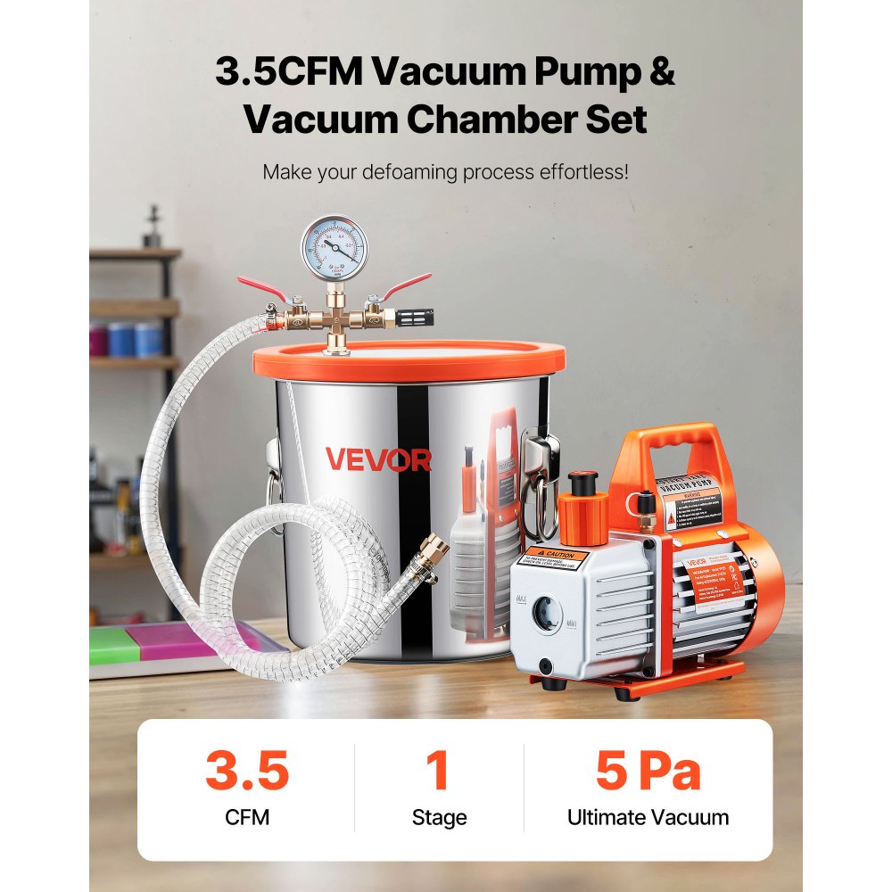 VEVOR 3 Gallon Vacuum Chamber with Pump, 3.5 CFM, Stainless Steel Degassing Chamber Kit, Single Stage Vacuum Pump, Tempered Glass Lid, 4.92 ft Hose, Oil, for Stabilizing Wood Degassing Silicone Resin
