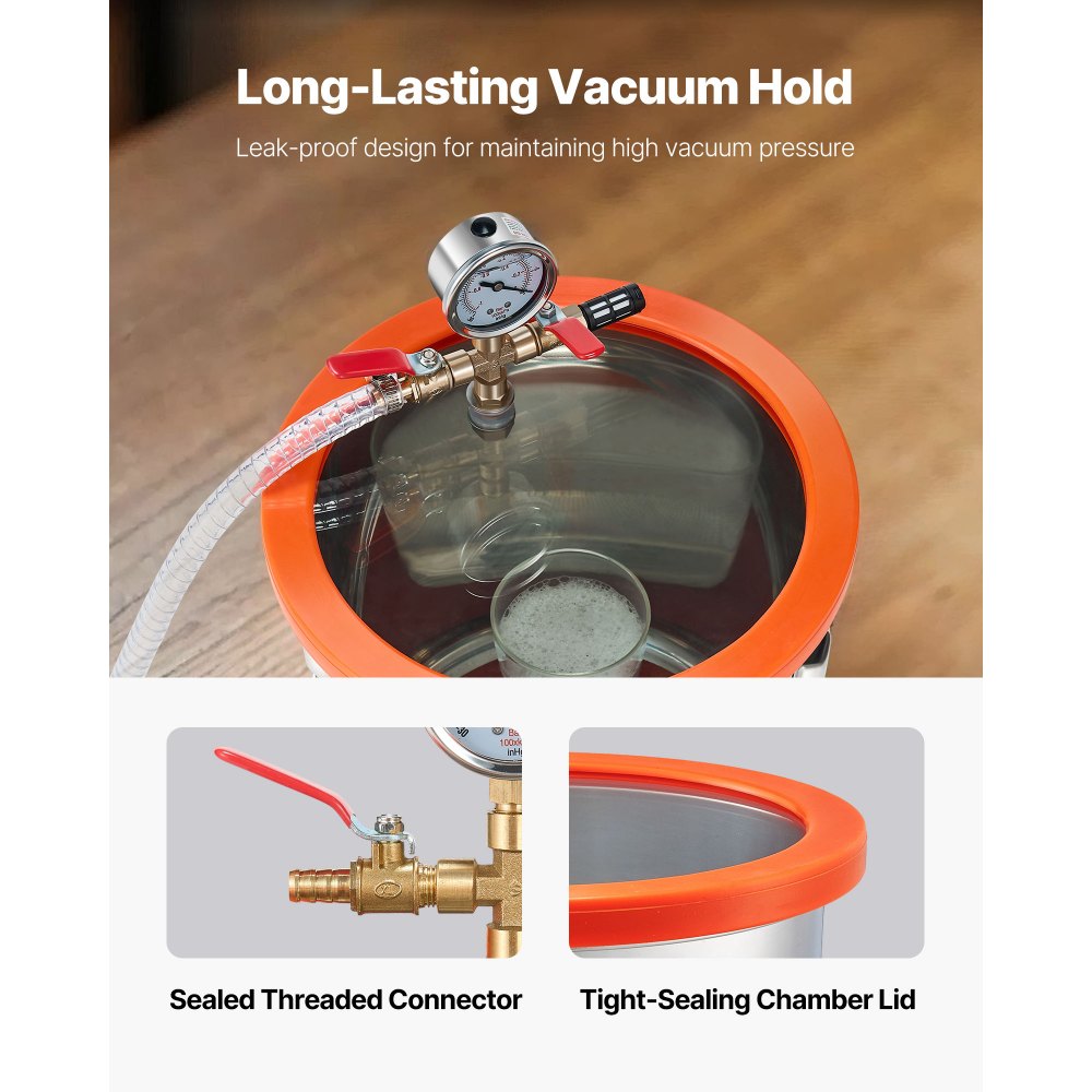 VEVOR 3 Gallon Vacuum Chamber with Pump, 3.5 CFM, Stainless Steel Degassing Chamber Kit, Single Stage Vacuum Pump, Tempered Glass Lid, 4.92 ft Hose, Oil, for Stabilizing Wood Degassing Silicone Resin