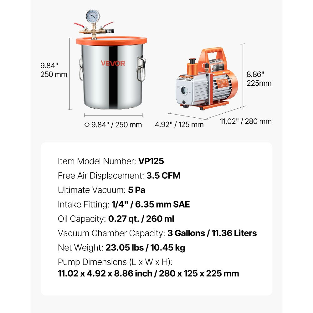 VEVOR 3 Gallon Vacuum Chamber with Pump, 3.5 CFM, Stainless Steel Degassing Chamber Kit, Single Stage Vacuum Pump, Tempered Glass Lid, 4.92 ft Hose, Oil, for Stabilizing Wood Degassing Silicone Resin