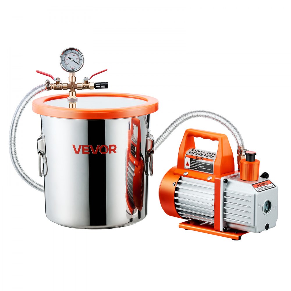VEVOR 3 Gallon Vacuum Chamber with Pump, 3.5 CFM, Stainless Steel Degassing Chamber Kit, Single Stage Vacuum Pump, Tempered Glass Lid, 4.92 ft Hose, Oil, for Stabilizing Wood Degassing Silicone Resin