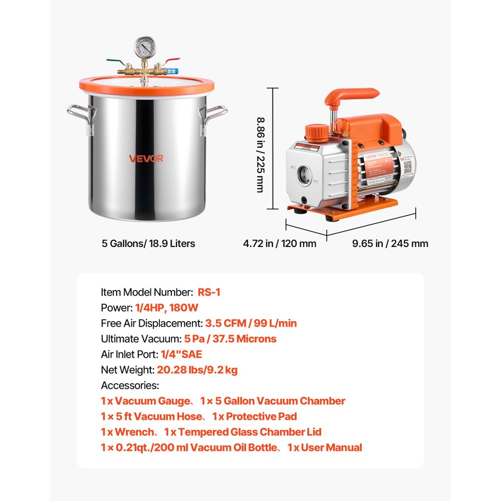 VEVOR 5 Gallon Vacuum Chamber with Pump, 3.5 CFM, Single Stage Vacuum Pump, Stainless Steel Degassing Chamber Kit with Tempered Glass Lid, 5 ft Hose, for Stabilizing Wood Degassing Silicone Resin
