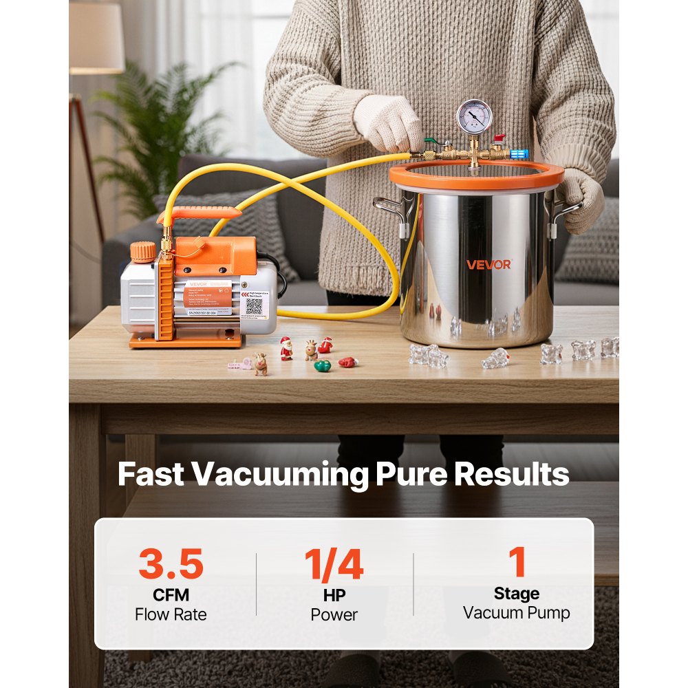 VEVOR 3 Gallon Vacuum Chamber with Pump, 3.5 CFM, Single Stage Vacuum Pump, Stainless Steel Degassing Chamber Kit with Tempered Glass Lid, 5 ft Hose, for Stabilizing Wood Degassing Silicone Resin