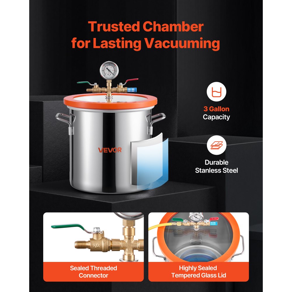 VEVOR 3 Gallon Vacuum Chamber with Pump, 3.5 CFM, Single Stage Vacuum Pump, Stainless Steel Degassing Chamber Kit with Tempered Glass Lid, 5 ft Hose, for Stabilizing Wood Degassing Silicone Resin