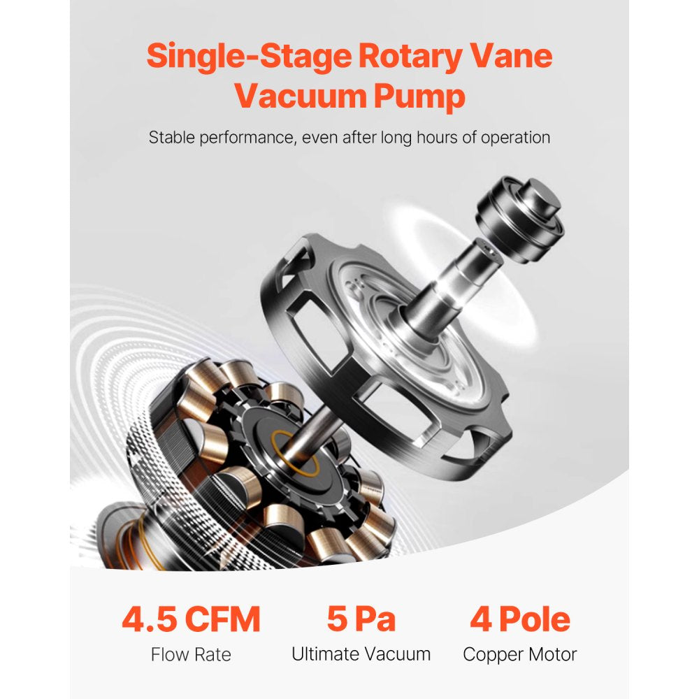 VEVOR 4.5 CFM AC Vacuum Pump and Gauge Set, Single Stage Rotary Vane HVAC Air Vacuum Pump, A/C Refrigerant Manifold Gauge Kit, with Leak Detector Hoses, for R134a, R12, R22, R502a, R410A, R404, R407C