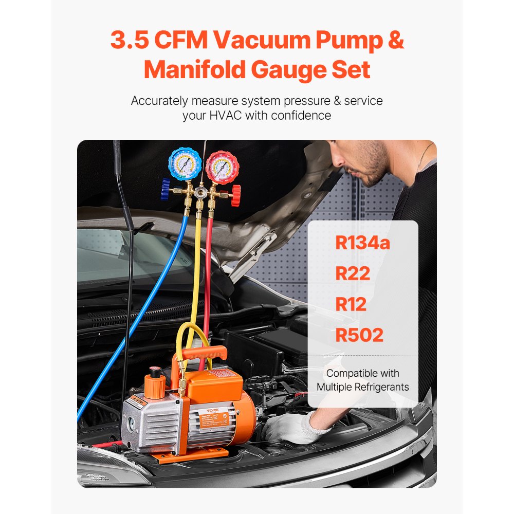 VEVOR 3.5 CFM AC Vacuum Pump and Gauge Set, Single Stage Rotary Vane HVAC Air Vacuum Pump, A/C Refrigerant Manifold Gauge Kit, with Hoses, Air Conditioning Refrigeration for R134a, R12, R22, R502a