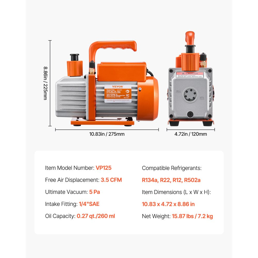 VEVOR 3.5 CFM AC Vacuum Pump and Gauge Set, Single Stage Rotary Vane HVAC Air Vacuum Pump, A/C Refrigerant Manifold Gauge Kit, with Hoses, Air Conditioning Refrigeration for R134a, R12, R22, R502a