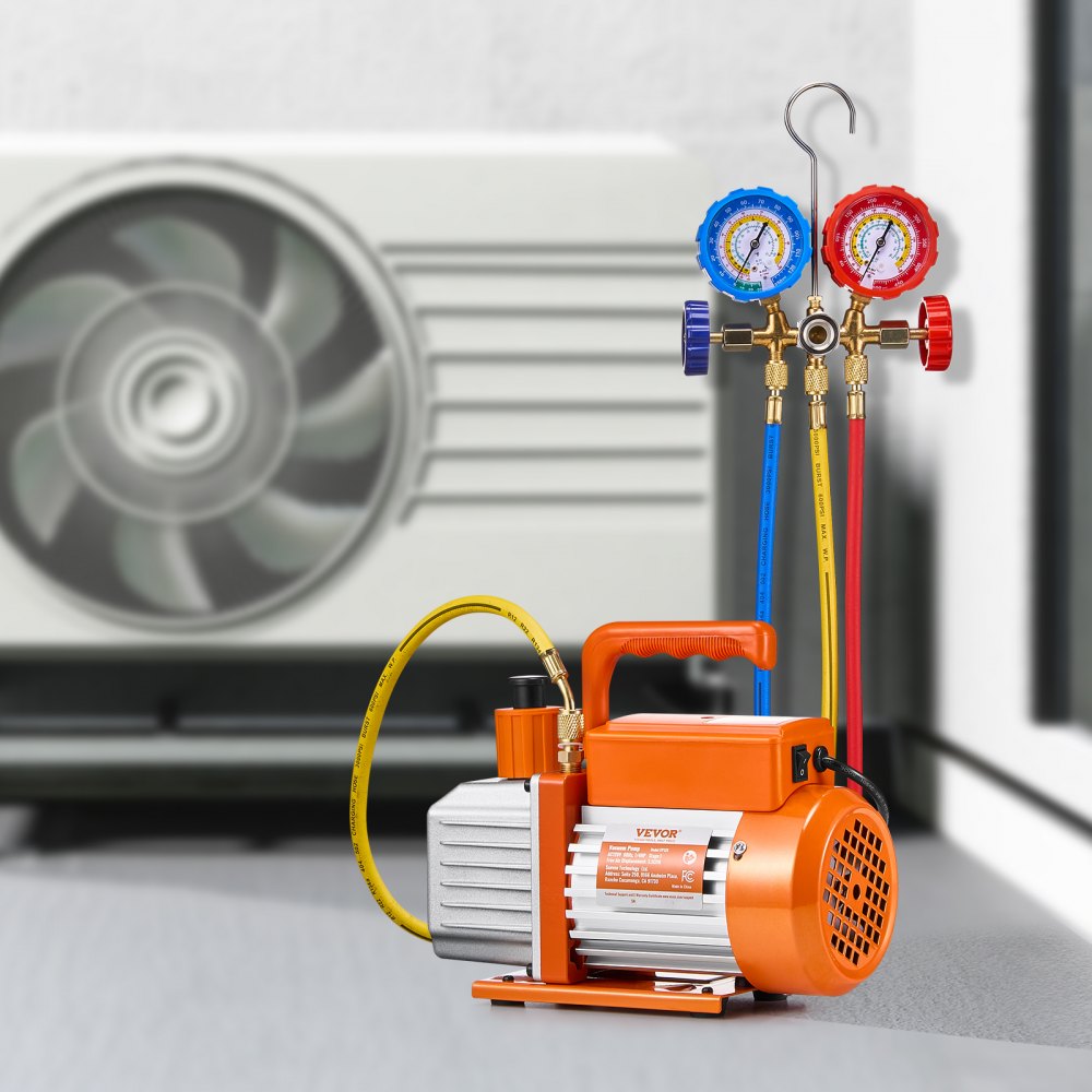 VEVOR 3.5 CFM AC Vacuum Pump and Gauge Set, Single Stage Rotary Vane HVAC Air Vacuum Pump, A/C Refrigerant Manifold Gauge Kit, with Hoses, Air Conditioning Refrigeration for R134a, R12, R22, R502a