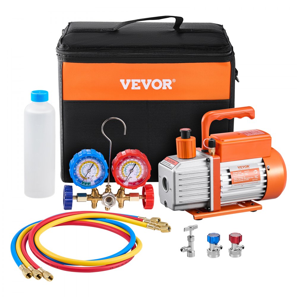 VEVOR 3.5 CFM AC Vacuum Pump and Gauge Set, Single Stage Rotary Vane HVAC Air Vacuum Pump, A/C Refrigerant Manifold Gauge Kit, with Hoses, Air Conditioning Refrigeration for R134a, R12, R22, R502a