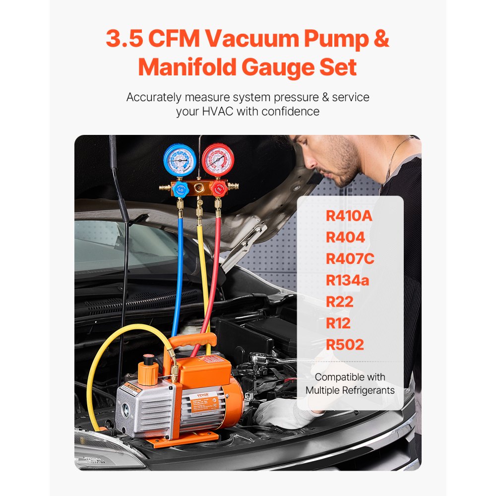VEVOR 3.5 CFM AC Vacuum Pump and Gauge Set, Single Stage Rotary Vane HVAC Air Vacuum Pump, A/C Refrigerant Manifold Gauge Kit, with Hoses, for R134a, R12, R22, R502a, R410A, R404, R407C Refrigerants