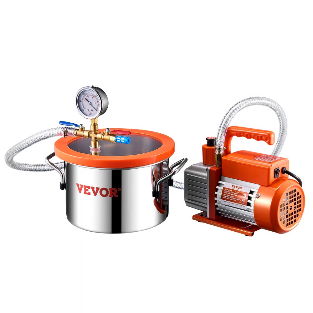 VEVOR 1.5 Gallon Vacuum Chamber and 3.5 CFM Pump Kit, Stainless Steel Chamber, Single Stage Vacuum Pump Degassing Chamber Kit, with Acrylic Lid, Oil, 4.92 ft Hose, for Degassing Resin Silicone Epoxies