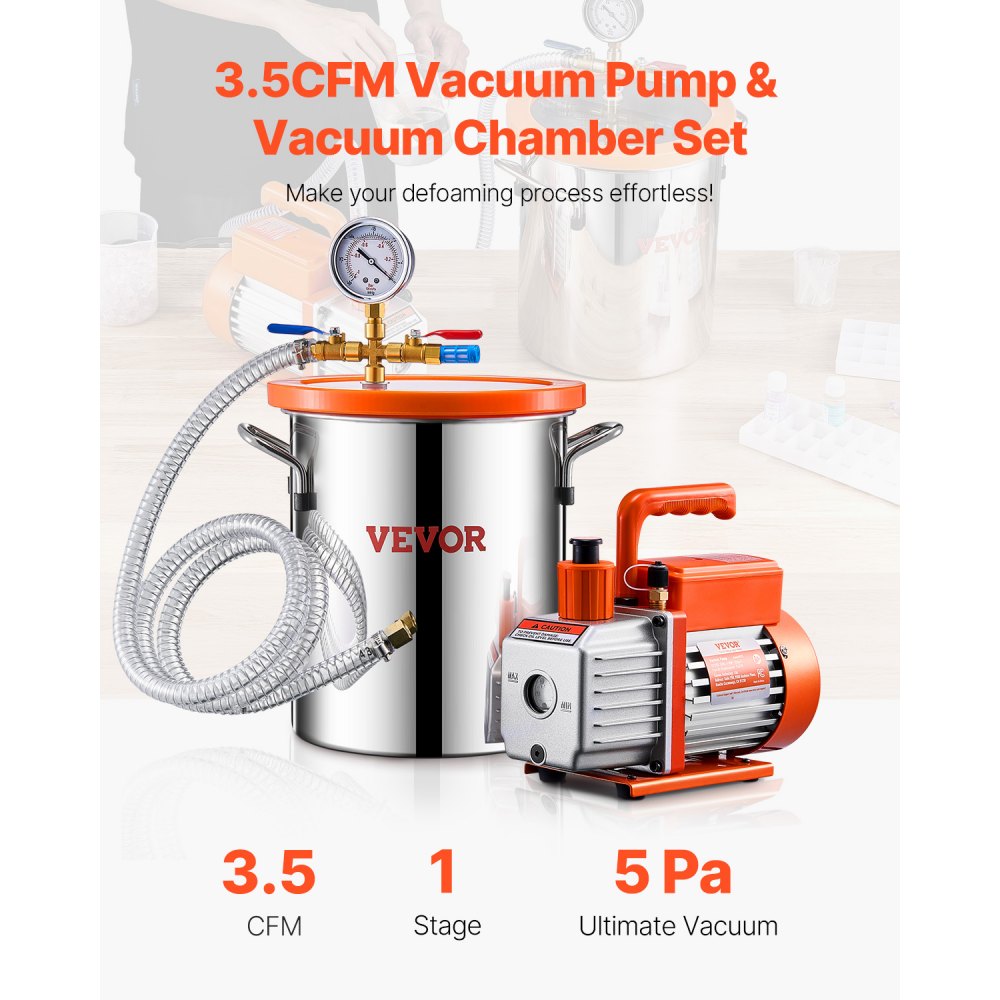 VEVOR 3 Gallon Vacuum Chamber and 3.5 CFM Pump Kit, Stainless Steel Chamber, Single Stage Vacuum Pump Degassing Chamber Kit, with Acrylic Lid, Oil, 4.92 ft Hose, for Degassing Resin Silicone Epoxies