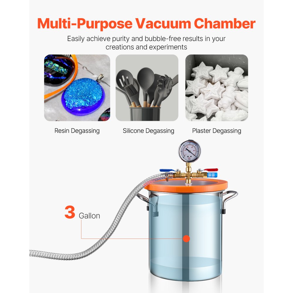 VEVOR 3 Gallon Vacuum Chamber and 3.5 CFM Pump Kit, Stainless Steel Chamber, Single Stage Vacuum Pump Degassing Chamber Kit, with Acrylic Lid, Oil, 4.92 ft Hose, for Degassing Resin Silicone Epoxies