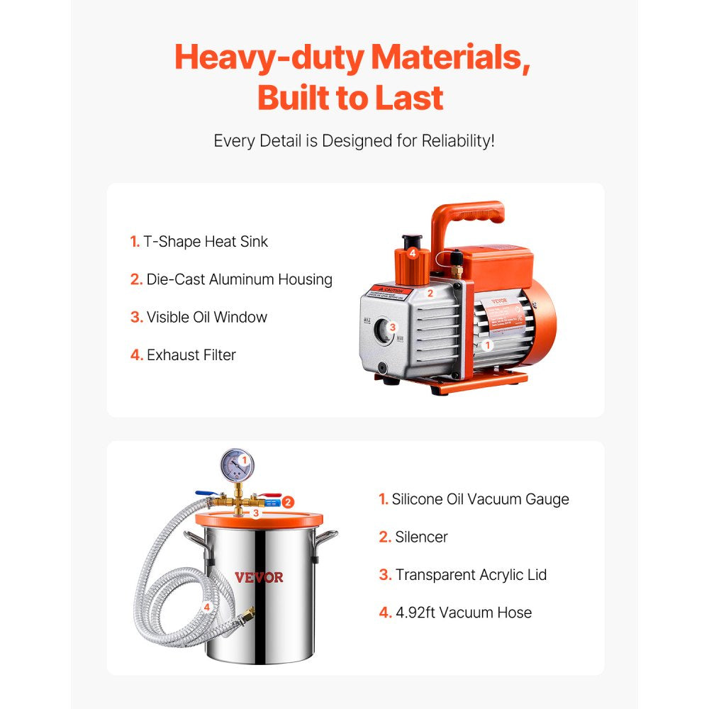 VEVOR 3 Gallon Vacuum Chamber and 3.5 CFM Pump Kit, Stainless Steel Chamber, Single Stage Vacuum Pump Degassing Chamber Kit, with Acrylic Lid, Oil, 4.92 ft Hose, for Degassing Resin Silicone Epoxies
