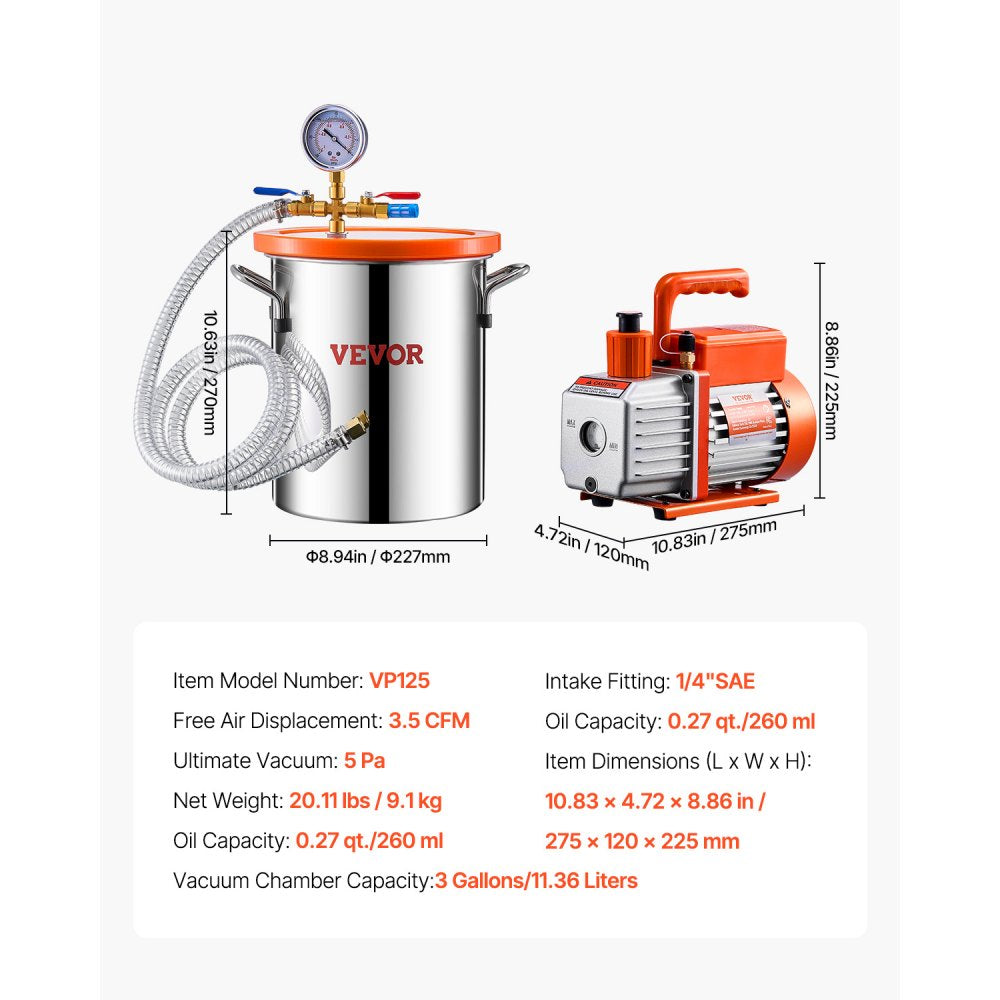 VEVOR 3 Gallon Vacuum Chamber and 3.5 CFM Pump Kit, Stainless Steel Chamber, Single Stage Vacuum Pump Degassing Chamber Kit, with Acrylic Lid, Oil, 4.92 ft Hose, for Degassing Resin Silicone Epoxies