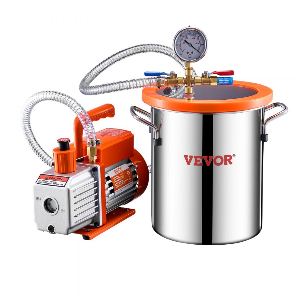 VEVOR 3 Gallon Vacuum Chamber and 3.5 CFM Pump Kit, Stainless Steel Chamber, Single Stage Vacuum Pump Degassing Chamber Kit, with Acrylic Lid, Oil, 4.92 ft Hose, for Degassing Resin Silicone Epoxies