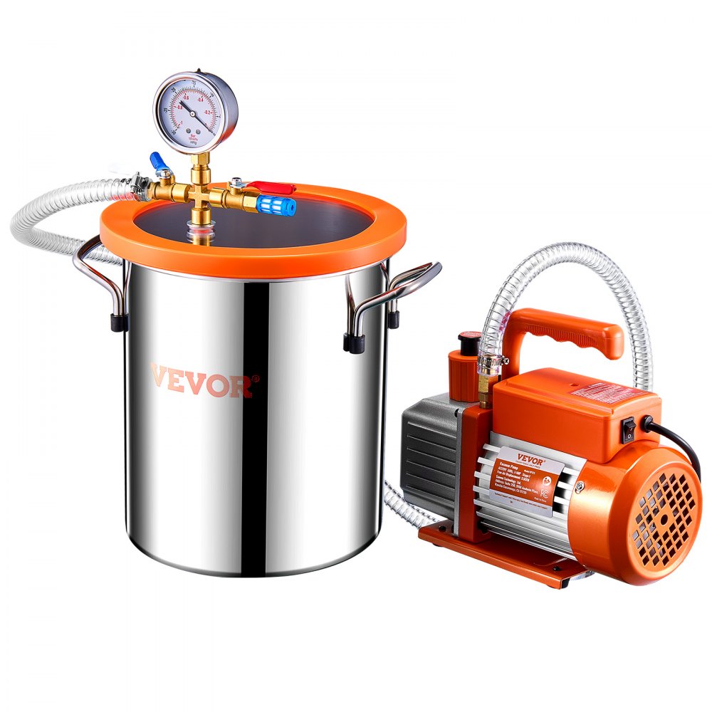 VEVOR 3 Gallon Vacuum Chamber and 3.5 CFM Pump Kit, Stainless Steel Chamber, Single Stage Vacuum Pump Degassing Chamber Kit, with Acrylic Lid, Oil, 4.92 ft Hose, for Degassing Resin Silicone Epoxies