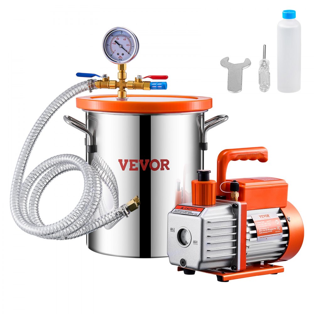 VEVOR 3 Gallon Vacuum Chamber and 3.5 CFM Pump Kit, Stainless Steel Chamber, Single Stage Vacuum Pump Degassing Chamber Kit, with Acrylic Lid, Oil, 4.92 ft Hose, for Degassing Resin Silicone Epoxies