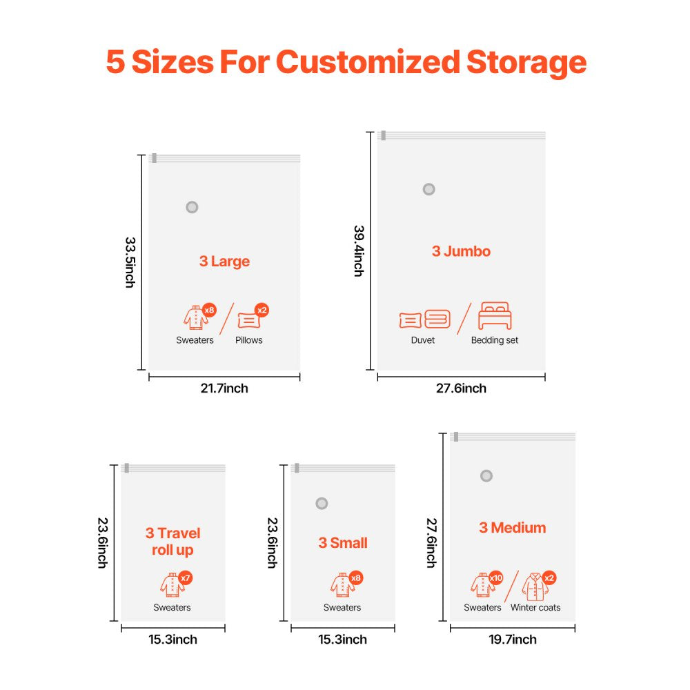 VEVOR Vacuum Storage Bags, 15 Pack Space Saver Seal Bag(3 Jumbo/3 Large/3 Medium/3 Small/3 Roll), Compression Airtight Zipper Space Bags with Electric Pump, for Cloth, Bedding, Blanket, Pillow, Travel