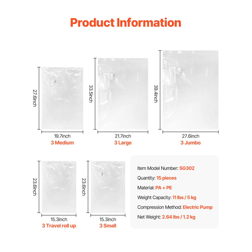 VEVOR Vacuum Storage Bags, 15 Pack Space Saver Seal Bag(3 Jumbo/3 Large/3 Medium/3 Small/3 Roll), Compression Airtight Zipper Space Bags with Electric Pump, for Cloth, Bedding, Blanket, Pillow, Travel