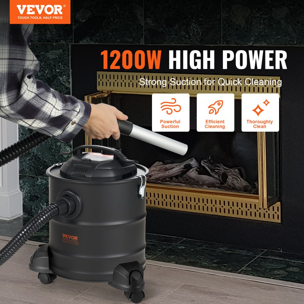 VEVOR Ash Vacuum Cleaner, 5 Gallon with 1200W Powerful Suction, Fireplace Vacuum with Reverse Suction, 16.4 ft Power Cable, 16 Kpa Max. Vacuum, for Fireplaces, Pellet Stoves, Wood Stove, Log Burner