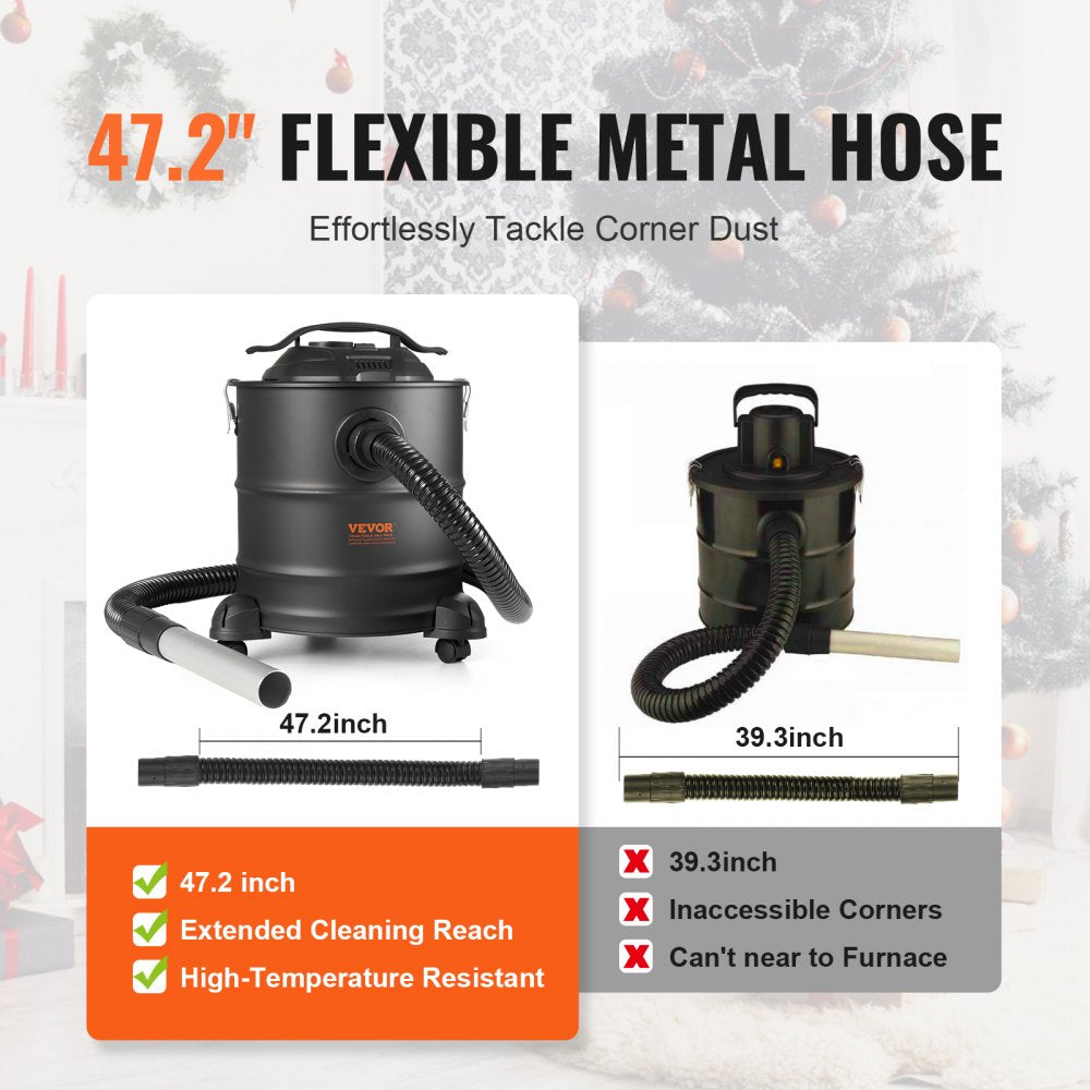 VEVOR Ash Vacuum Cleaner, 5 Gallon with 1200W Powerful Suction, Fireplace Vacuum with Reverse Suction, 16.4 ft Power Cable, 16 Kpa Max. Vacuum, for Fireplaces, Pellet Stoves, Wood Stove, Log Burner