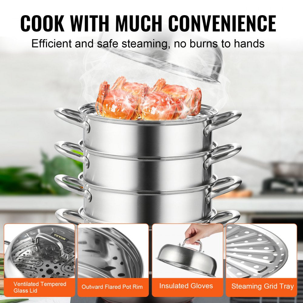 VEVOR Steamer Pot 11in/28cm, 5 Tier Steamer Pot for Cooking with 8.5QT Stock Pot, 3 Vegetable Steamers & 2 Steaming Trays, Food-Grade 304 Stainless Steel Food Steamer Cookware for Gas Electric Stove