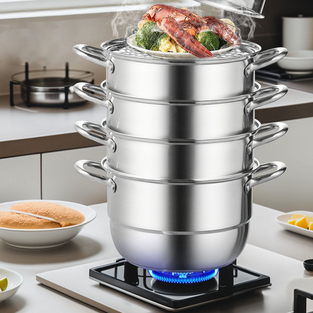 VEVOR Steamer Pot 11in/28cm, 5 Tier Steamer Pot for Cooking with 8.5QT Stock Pot, 3 Vegetable Steamers & 2 Steaming Trays, Food-Grade 304 Stainless Steel Food Steamer Cookware for Gas Electric Stove