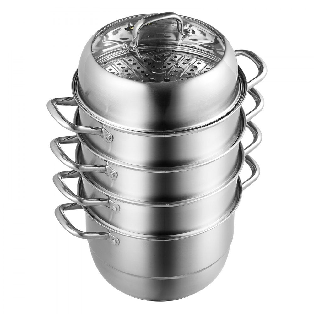 VEVOR Steamer Pot 11in/28cm, 5 Tier Steamer Pot for Cooking with 8.5QT Stock Pot, 3 Vegetable Steamers & 2 Steaming Trays, Food-Grade 304 Stainless Steel Food Steamer Cookware for Gas Electric Stove