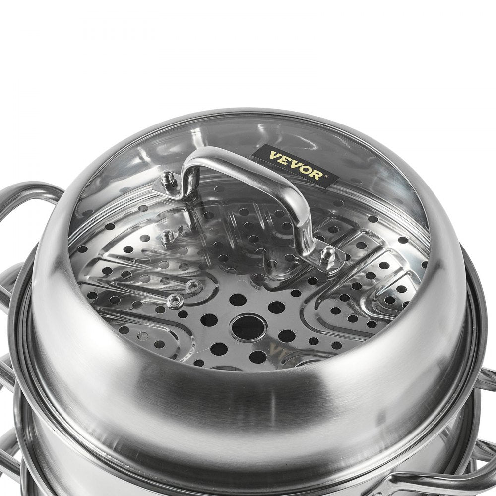 VEVOR Steamer Pot 11in/28cm, 5 Tier Steamer Pot for Cooking with 8.5QT Stock Pot, 3 Vegetable Steamers & 2 Steaming Trays, Food-Grade 304 Stainless Steel Food Steamer Cookware for Gas Electric Stove