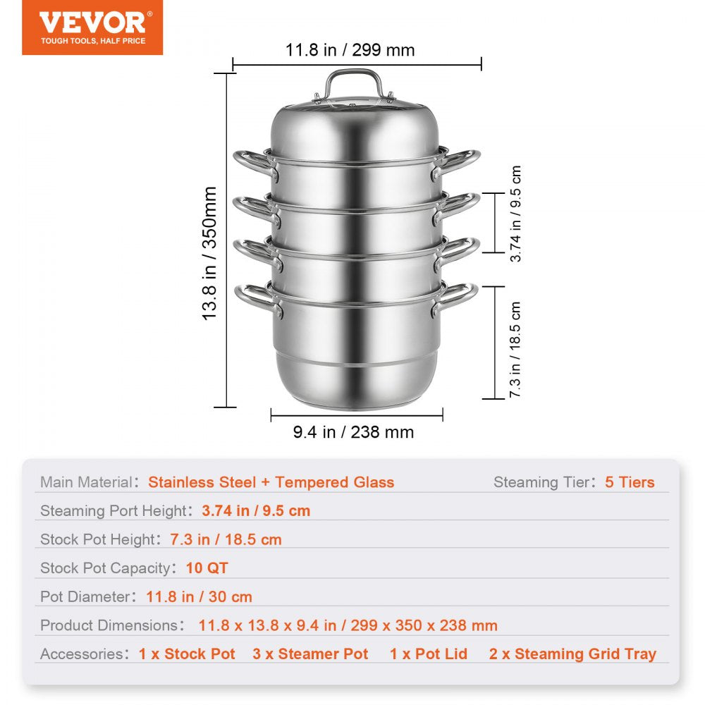 VEVOR Steamer Pot 11.8in/30cm, 5 Tier Steamer Pot for Cooking with 10QT Stock Pot, 3 Vegetable Steamers & 2 Steaming Trays, Food-Grade 304 Stainless Steel Food Steamer Cookware for Gas Electric Stove