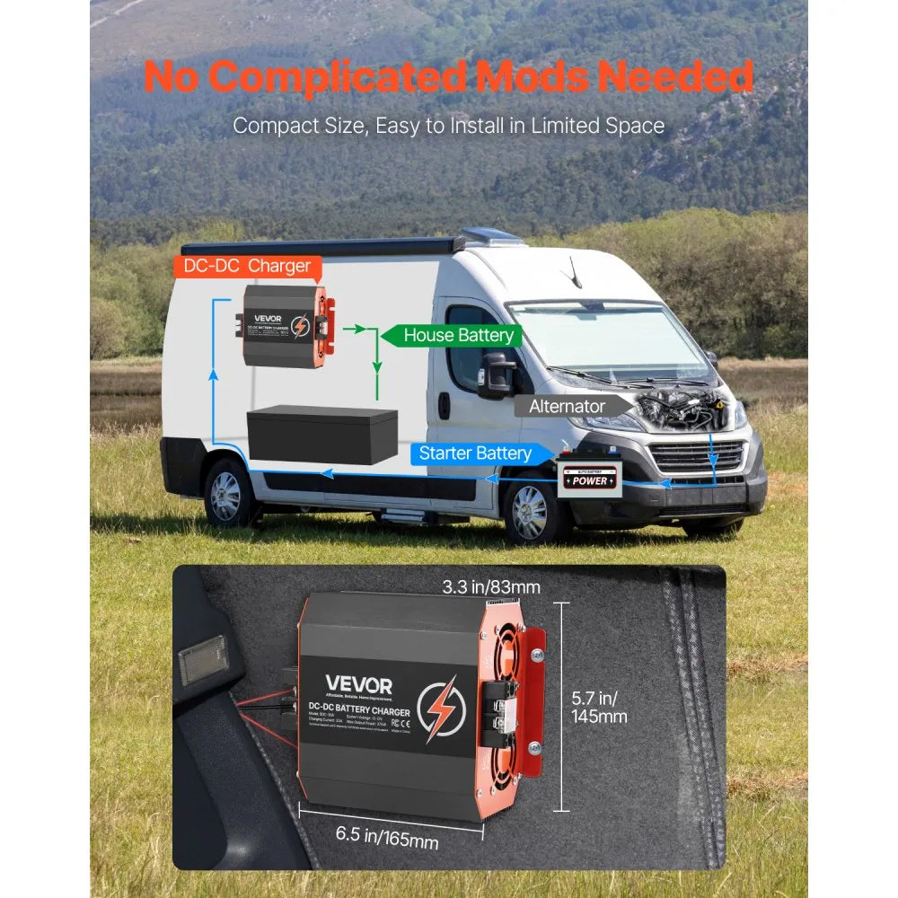 VEVOR 12V 30A DC to DC Battery Charger, 375W, On-Board Battery Charger for Lead-Acid, Lithium, AGM, GEL, and Flooded Batteries, Smart Multi-Stage Charging, for RVs, Commercial Vehicles, Boats, Yachts
